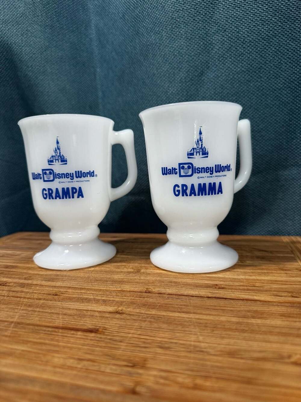 WALT DISNEY WORLD Vintage Milk Glass Pedestal Mugs  "GRAMMA" and “GRAMPA”.